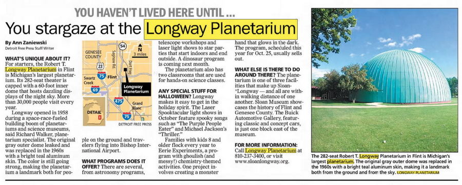 Longway Planetarium - Sept 2013 Article (newer photo)